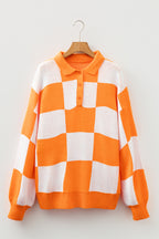 Mist Green Checkered Pattern Polo Collar Loose Sweater