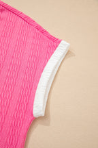 Bright Pink Textured Color Block Trim Loose Tee Drawstring Shorts 2pcs Set