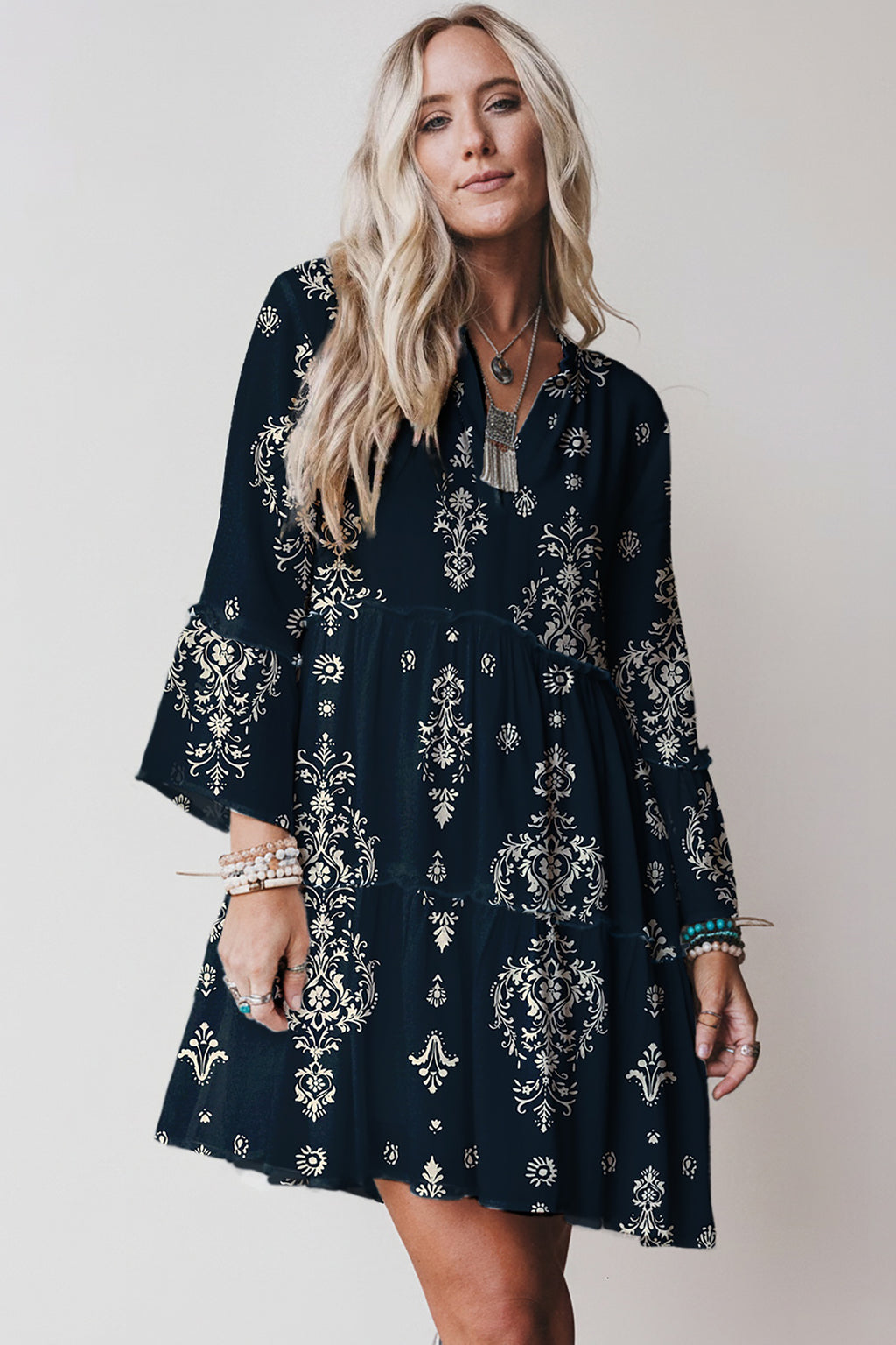 Boho Floral Print Lettuce Trim 3/4 Sleeve Mini Dress