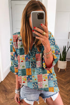 Blue Floral Collared V Neck Roll up Sleeve Shift Blouse