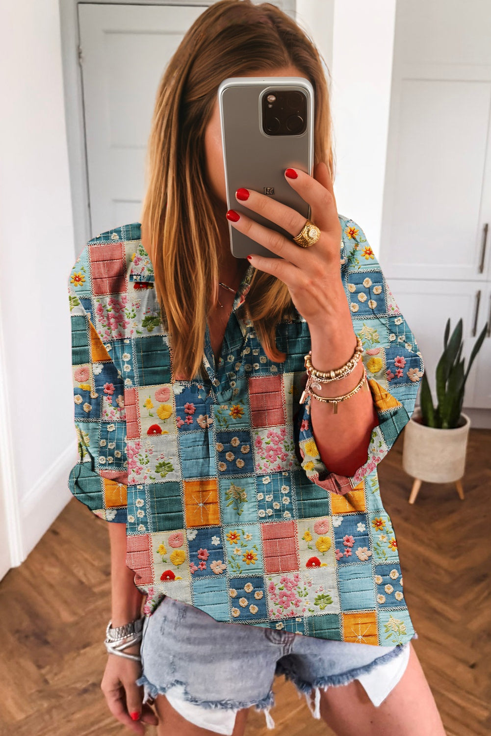 Blue Floral Collared V Neck Roll up Sleeve Shift Blouse