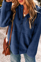 Navy Blue Fleece Zip Up Drawstring Hooded Pocketed Jacket