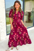 Red Floral Print Frilled V Neck Short Sleeve Ruffle Maxi Dress