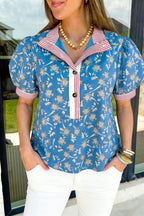 Blue Retro Floral Print Striped Trim Button Neck Short Sleeve Blouse