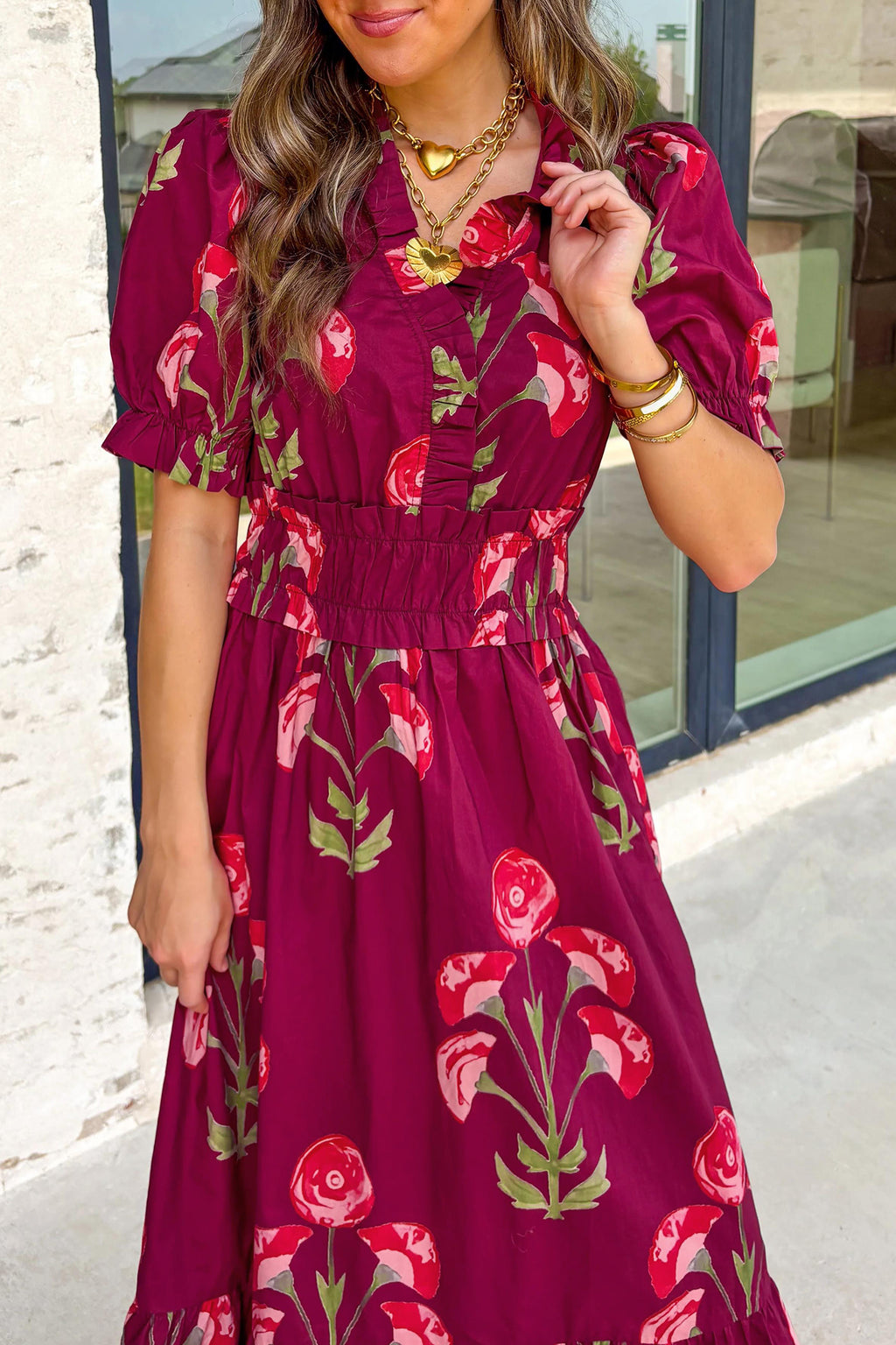 Red Floral Print Frilled V Neck Short Sleeve Ruffle Maxi Dress
