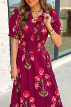 Red Floral Print Frilled V Neck Short Sleeve Ruffle Maxi Dress
