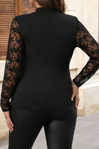 Black Plus Size Lace Patchwork Asymmetric Cutout Sheer Long Sleeve Top