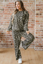 Leopard Print Raw Seam Patchwork Pullover Drawstring Loose Pant Set