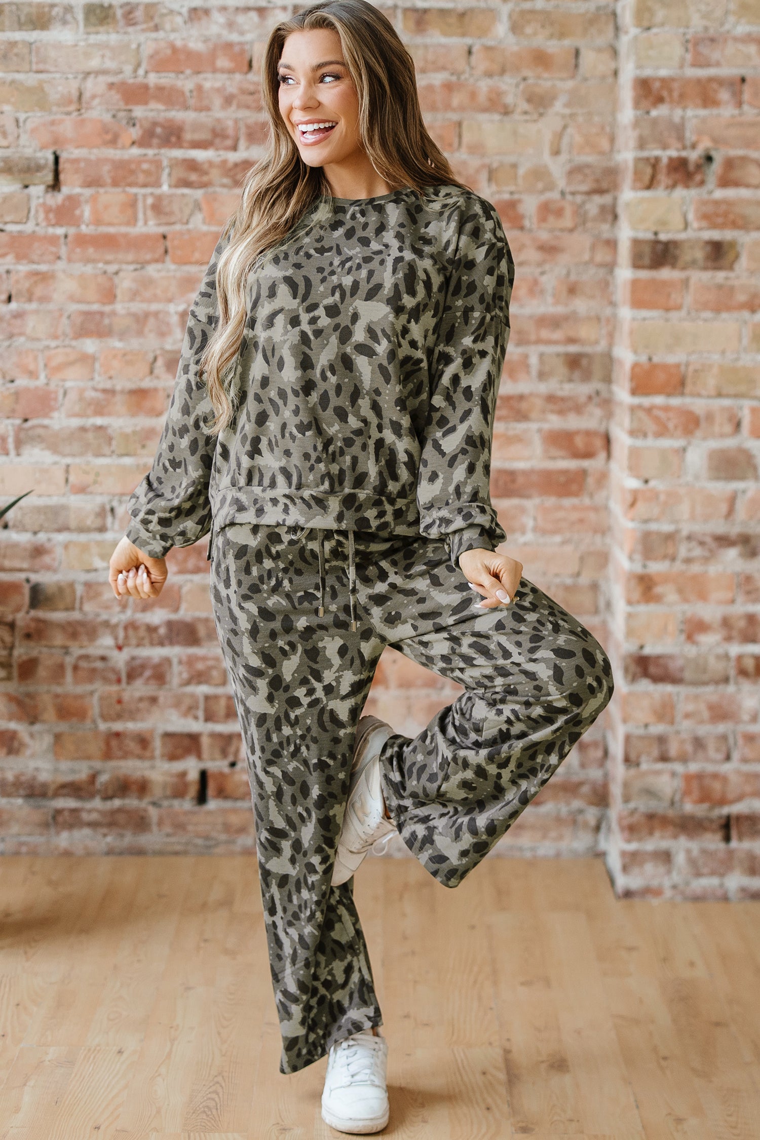 Leopard Print Raw Seam Patchwork Pullover Drawstring Loose Pant Set