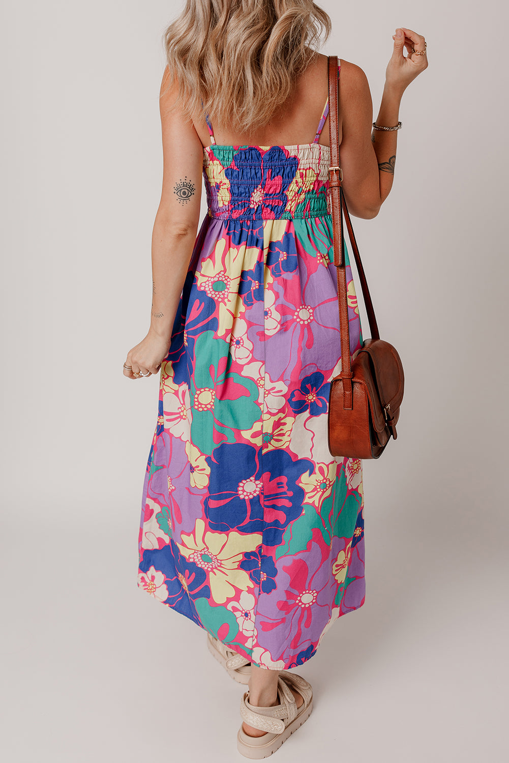 Purple Floral Print Shirred Spaghetti Strap Loose Maxi Dress