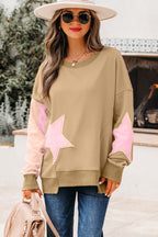 Rose Pink Contrast Star Patchwork Exposed Seam Uneven Hem Drop Shoulder Sweatshirt