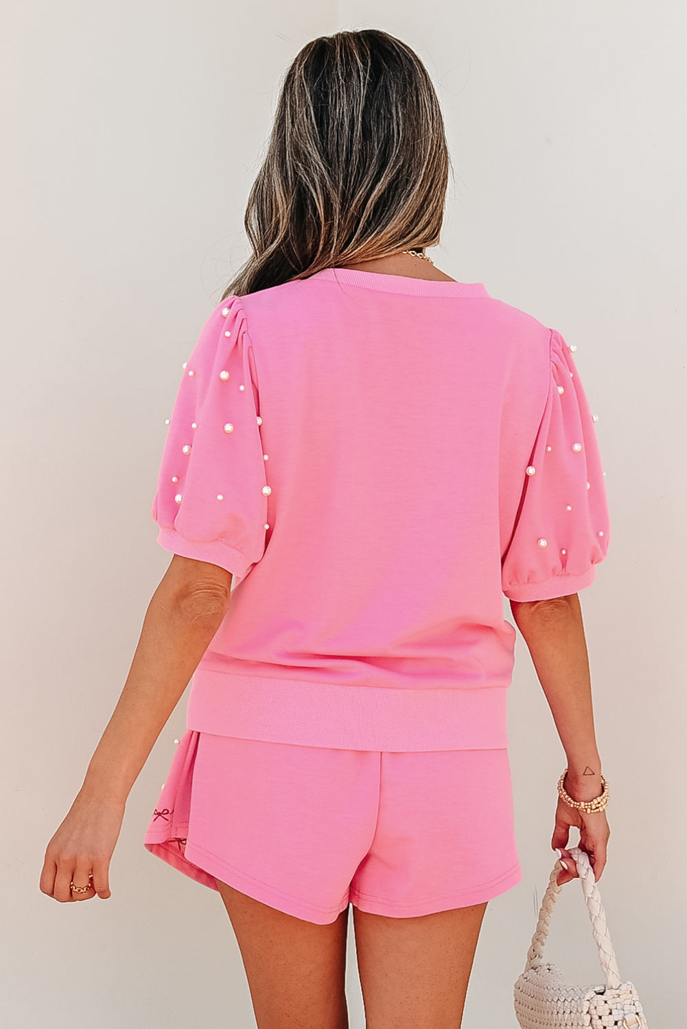 Pink Contrast Bow Trim Pearl Puff Sleeve Blouse and Skort 2pcs Set