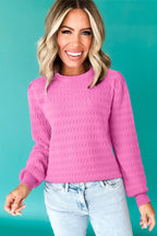 Fiery Red Trendy Pattern Knit Ribbed Cuffs Crew Neck Sweater