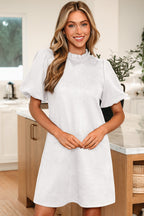 Frilled Round Neck Short Puff Sleeve Shift Mini Dress