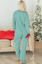 Striped Contrast Velvet Trim Bow Knot Waist 2pcs Pyjama Set