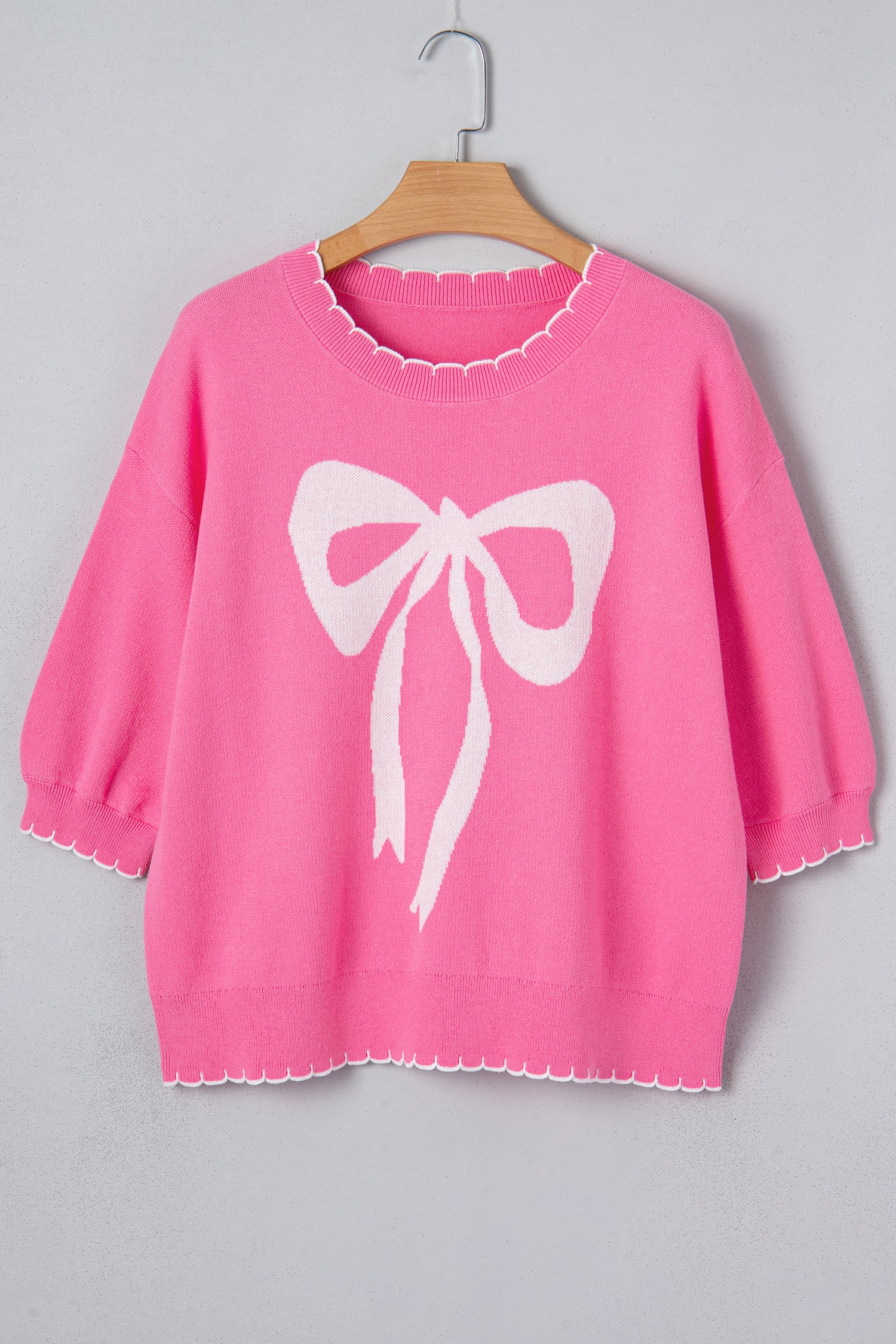 Sachet Pink Big Ribbon Bow Print Contrast Stitch Trim Drop Shoulder Sweater