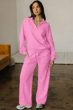 Polo Collar V Neck Pullover and Drawstring Sweatpants Set