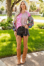 Pink Boho Mixed Floral Drop Shoulder Bubble Sleeve Blouse