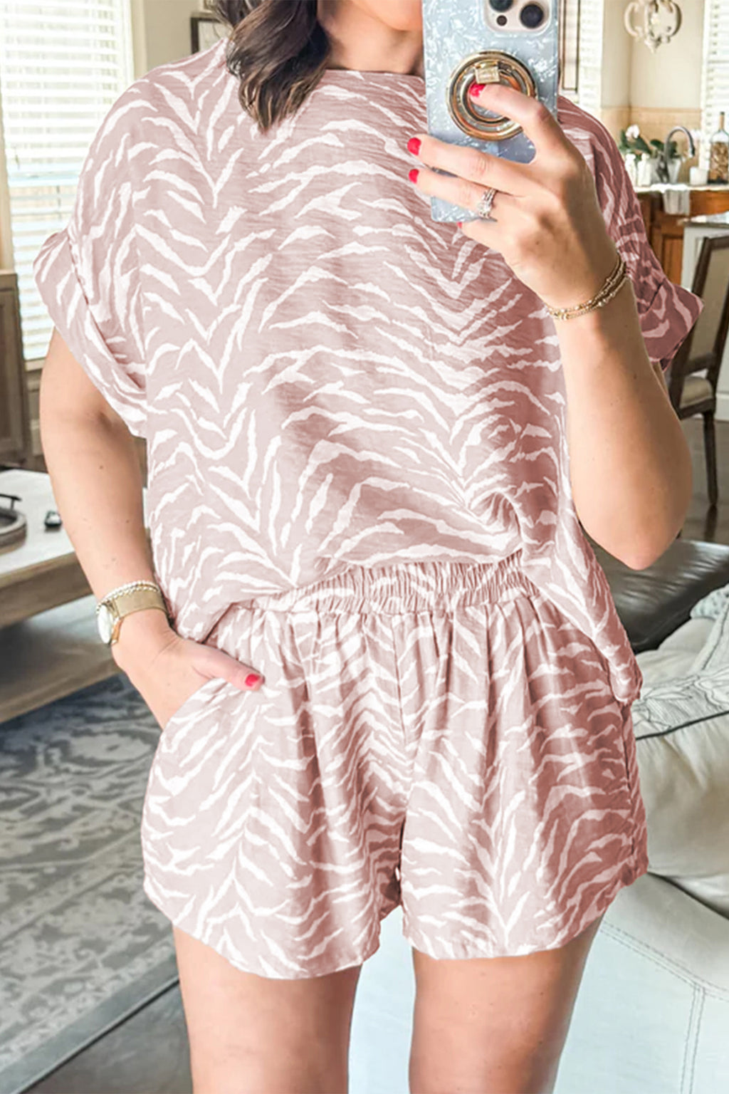 Khaki Abstract Print Cuffed Short Sleeve Loose Top Short Set