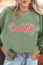 Grass Green Sequined merry Letter Graphic Twisted Ribbed Baggy Sweatshirt