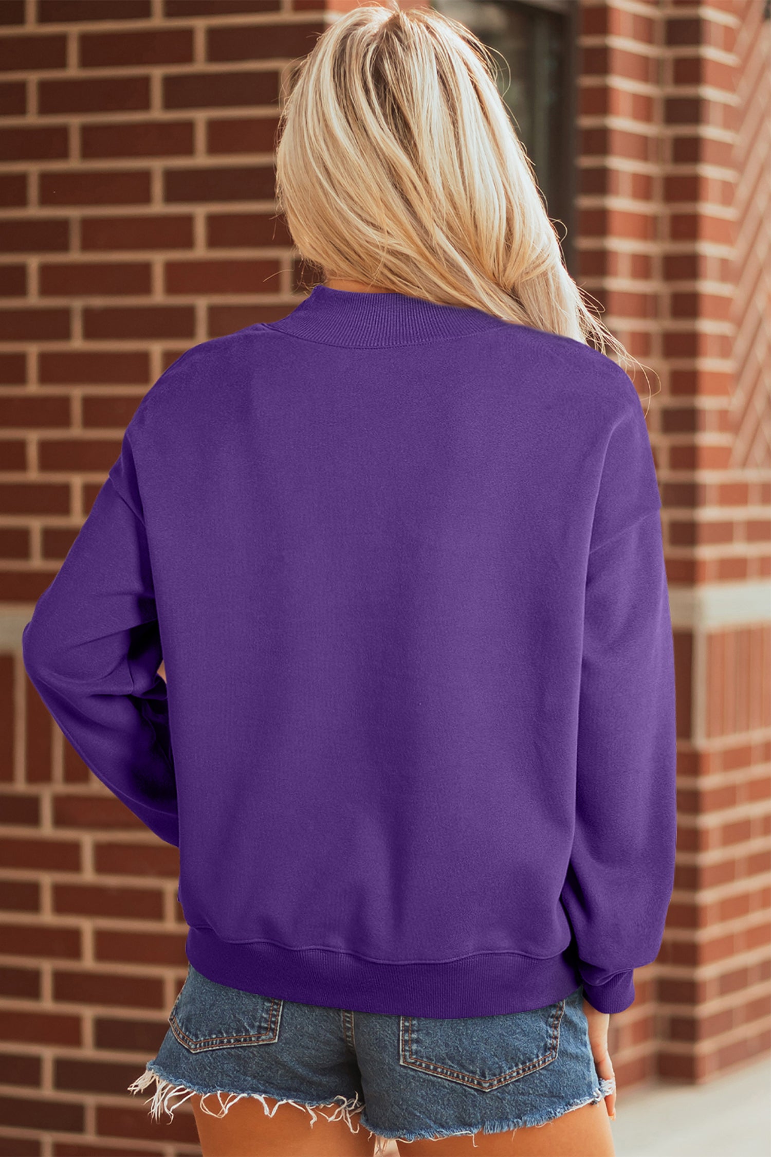 Tillandsia Purple Solid Color Oversized Mock Neck Sweatshirt