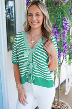 Green Stripe Short Sleeve Knit V Neck Bow Knot Sweater