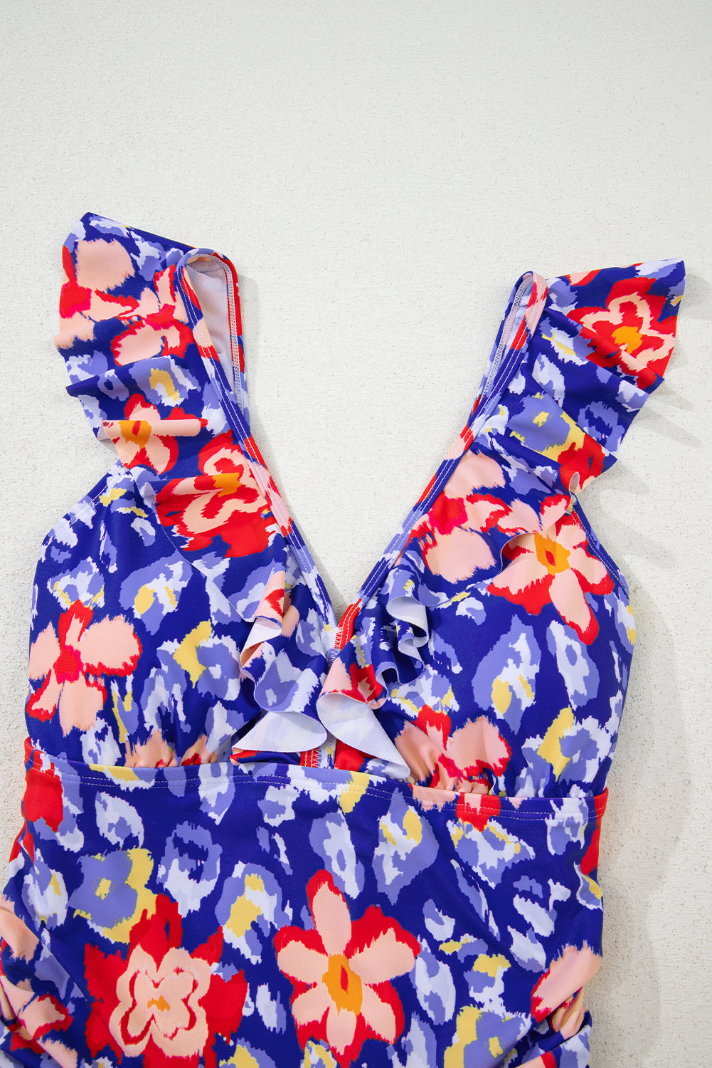 Floral Ruffle Trim V Neck Lace-up Back Tummy Control One Piece Swimsuit