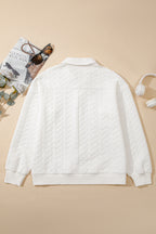 White Textured Pocketed Collared V Neck Pullover Sweatshirt