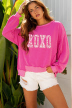 Strawberry Pink Twisted Ribbed Long Sleeve XOXO Bow Print Embroidered Patch Graphic Top