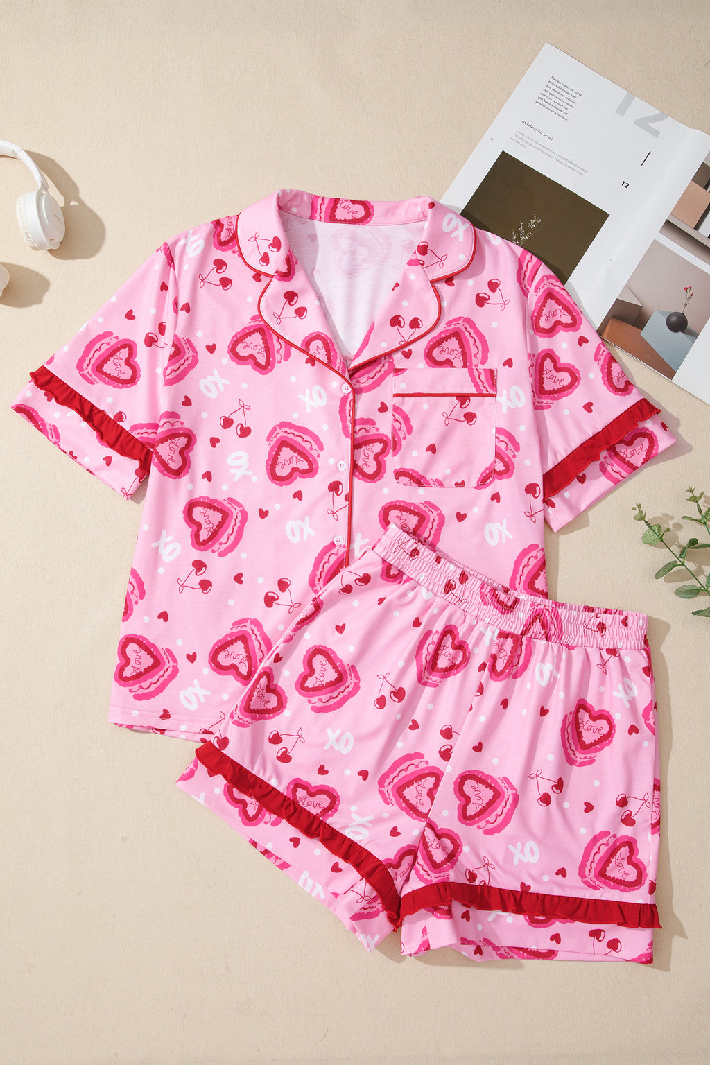 Pink Sweet Heart Cake Print Contrast Ruffle Trim Valentines 2pcs Pyjama Set