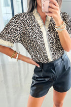 Black Leopard Print Striped Ruffled Color Block Trim V Neck Short Sleeve Blouse