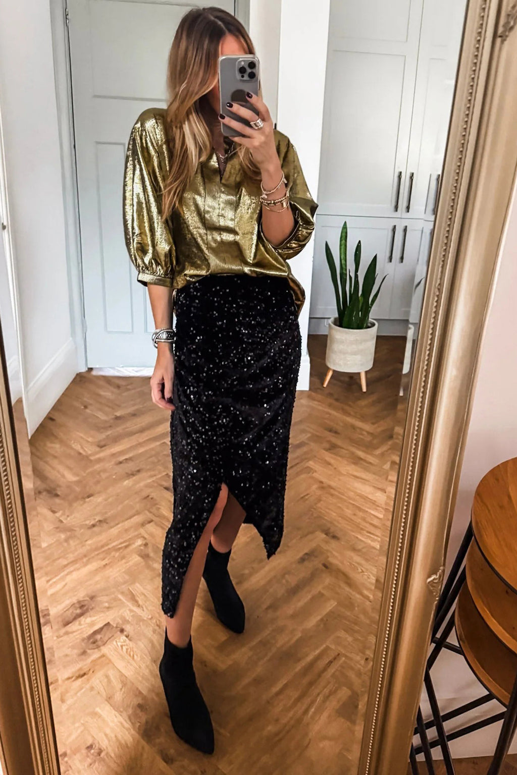 Gold Metallic Split Neck Half Sleeve Blouse
