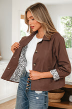Dark Brown Collared Buttoned Leopard Liner Patchwork Chic Jacket
