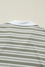 Green Stripe Collared V Neck Short Sleeve T Shirt Midi Dress with Pockets