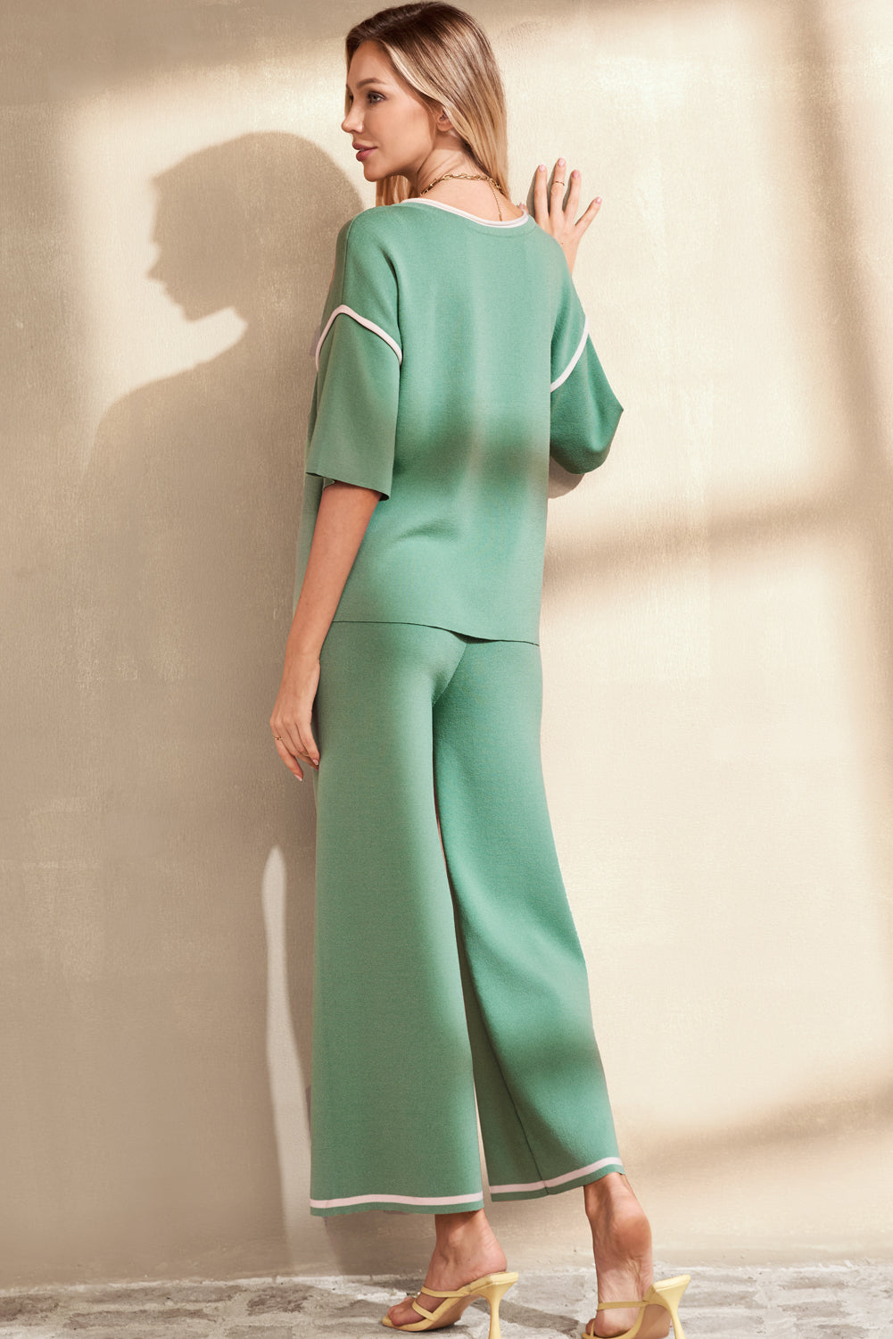 Contrast Trim Half Sleeve Top Drawstring Pants Loose 2pcs Sweater Suit