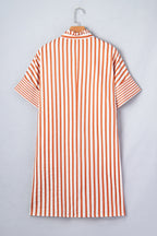 Brown Stripe Pinched V Neck Turn-up Cuffs Shift Mini Dress