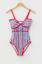 Red July 4th Stripes Star Floral Impression Cutout Spaghetti Straps One Piece Swimsuit