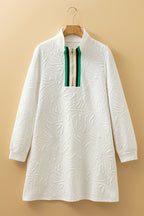 White Jacquard Textured Quarter Zipper Shift Mini Dress