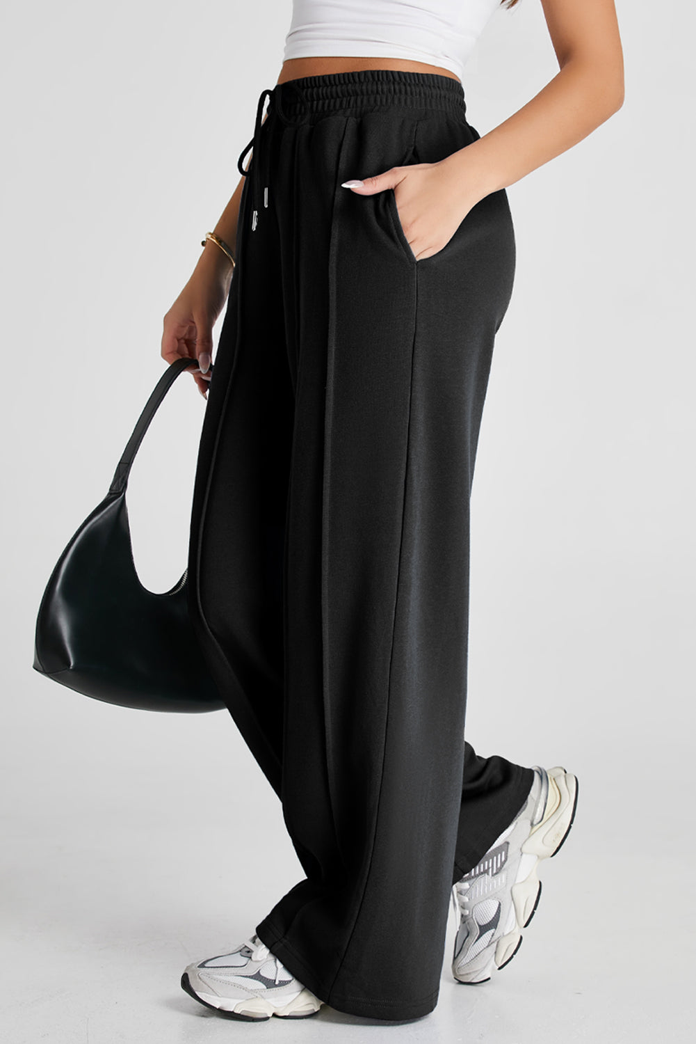 Seamed Drawstring High Waist Wide Leg Sweatpants