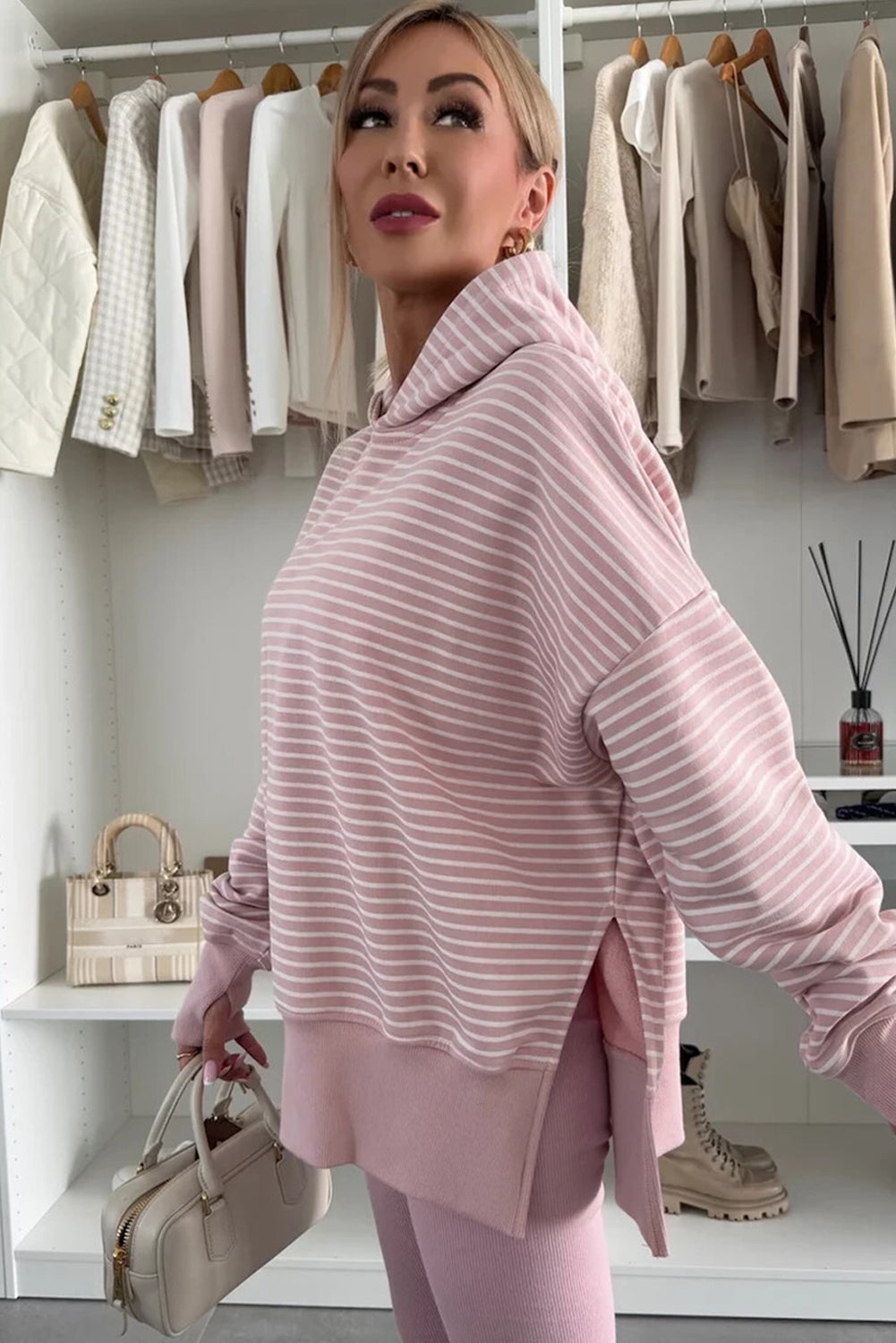 Striped Thumbhole Side Slits Drop Shoulder Loose Fit Hoodie