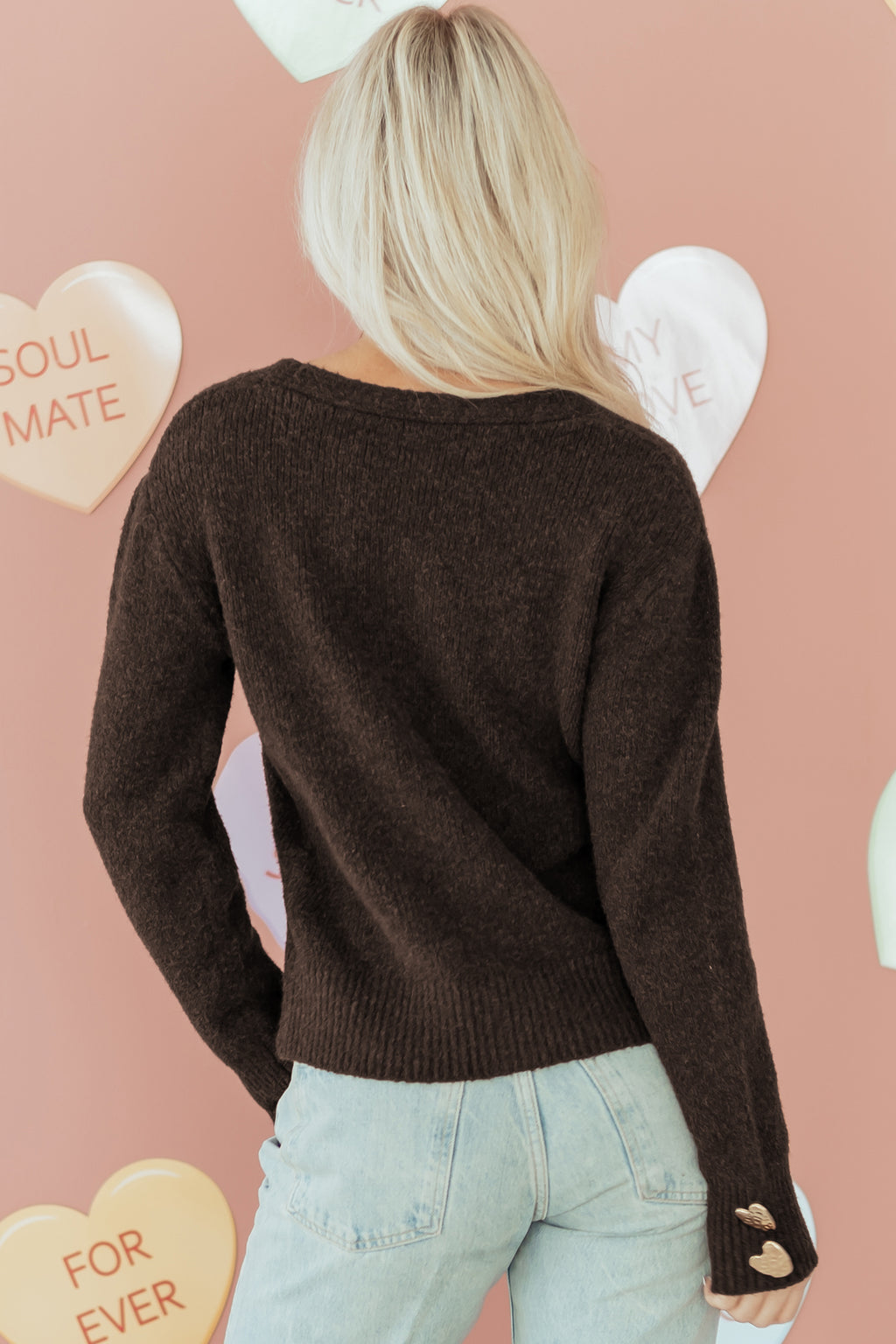 Heart Metal Button V Neck Cardigan Sweater