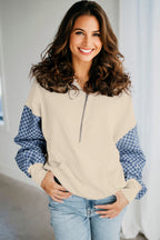 Parchment Checkered Patchwork Kangaroo Pocket Half Zipper Hoodie