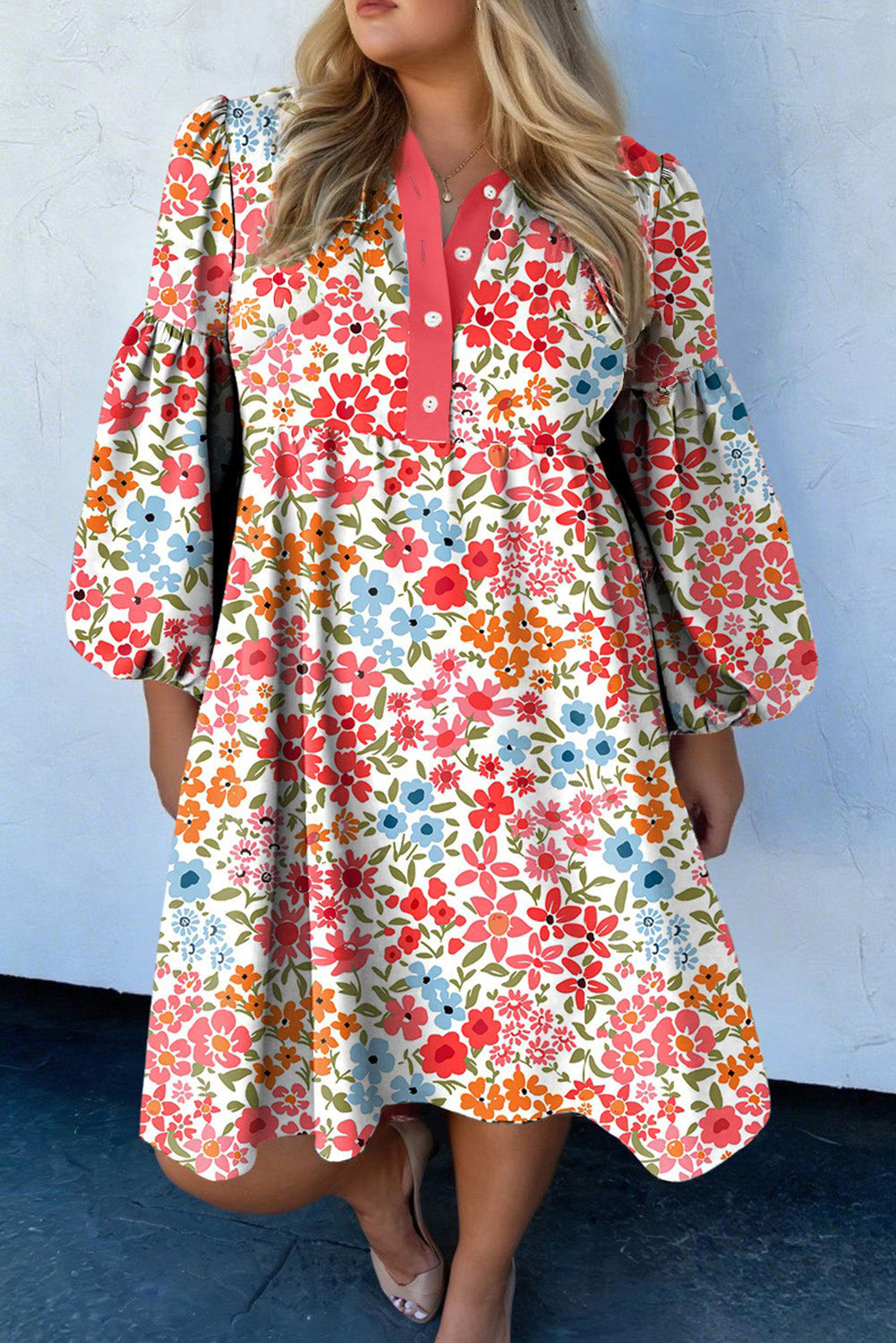 Plus Size Button V Neck Leopard Print Puff Sleeve Loose Mini Dress