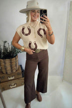 Parchment Corded Horseshoes Ribbed Trim Mock Neck Short Sleeve Sweater