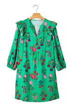 Green Floral Ruffled Three Quarter Sleeve Buttoned Mini Dress