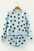 Polka Dot Print Drop Shoulder Pullover Drawstring Shorts Set