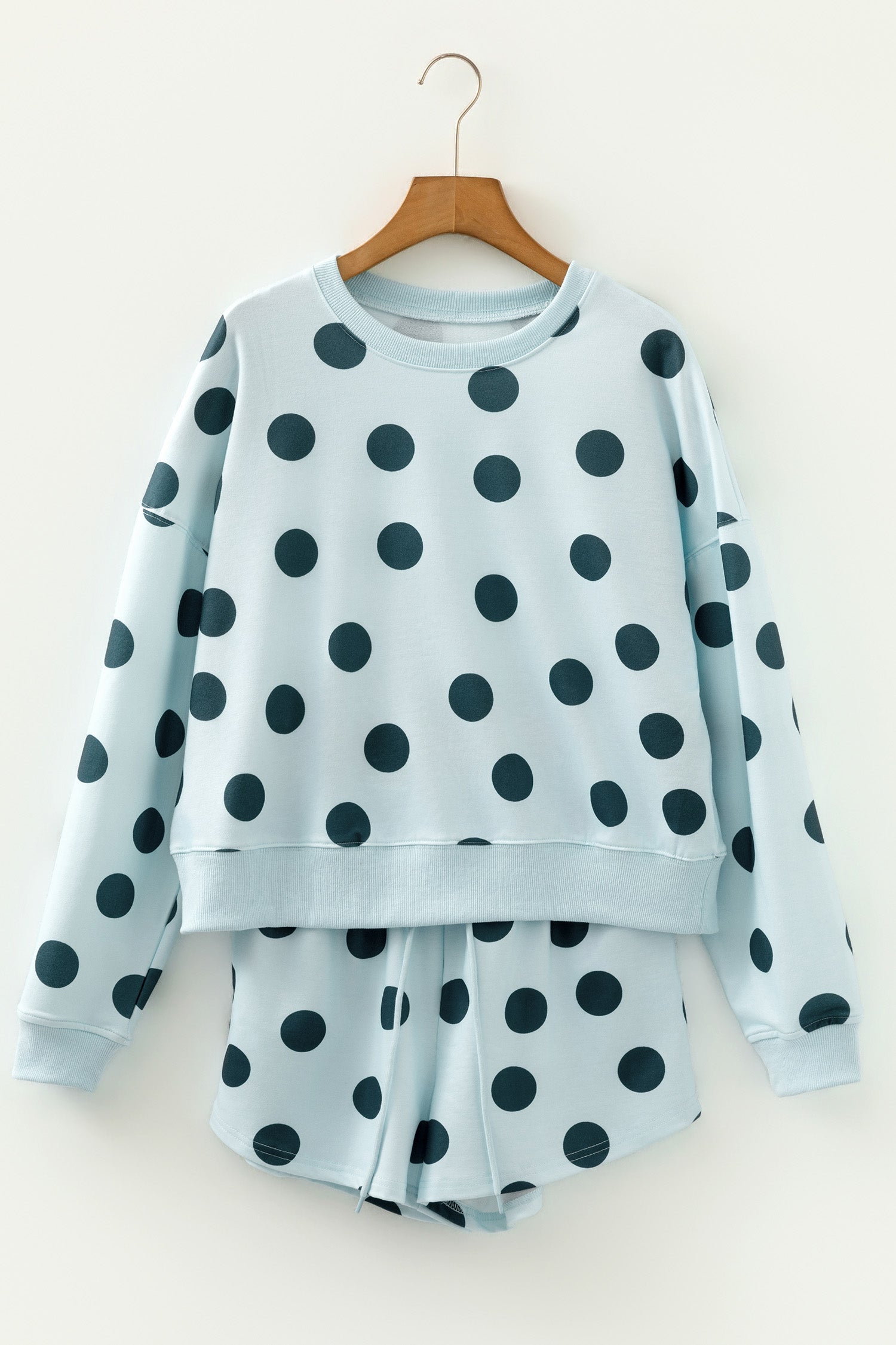 Polka Dot Print Drop Shoulder Pullover Drawstring Shorts Set