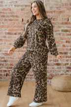 Leopard Print Raw Seam Patchwork Pullover Drawstring Loose Pant Set
