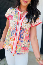 Red Mixed Print V Neck Short Sleeve Blouse