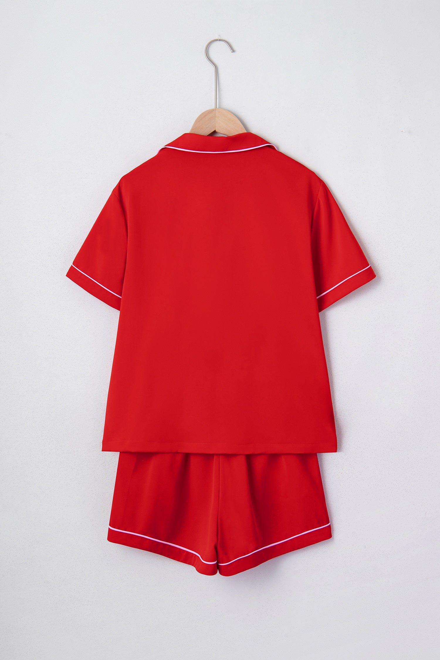 Fiery Red Contrast Trim Ribbon Bow Short Silky 2pcs Pyjama Set